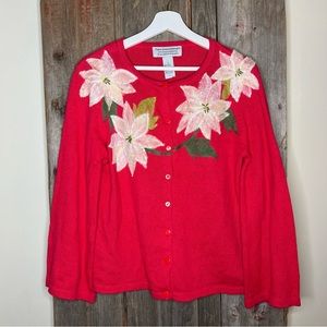 Tiara Christmas Collection Vintage Poinsettia Embroidered Beaded Cardigan XL